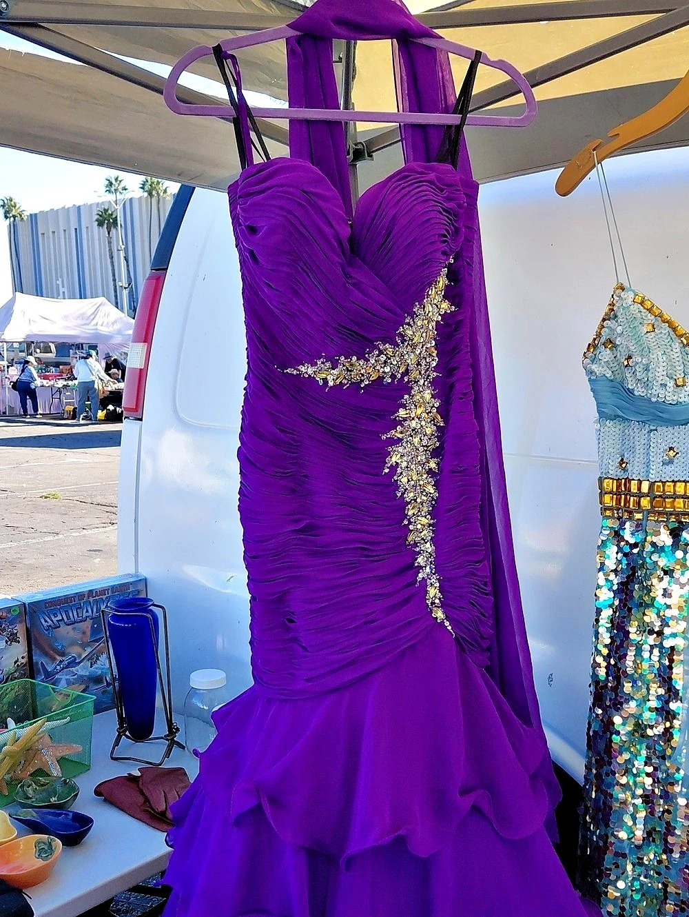 Camille La Vie Purple Beaded Ruffle Prom Dress Size 4